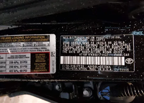 2012 Toyota Camry Se Limited Edition z USA, uszkodzony, nr VIN 4T1BF1FK9CU174437